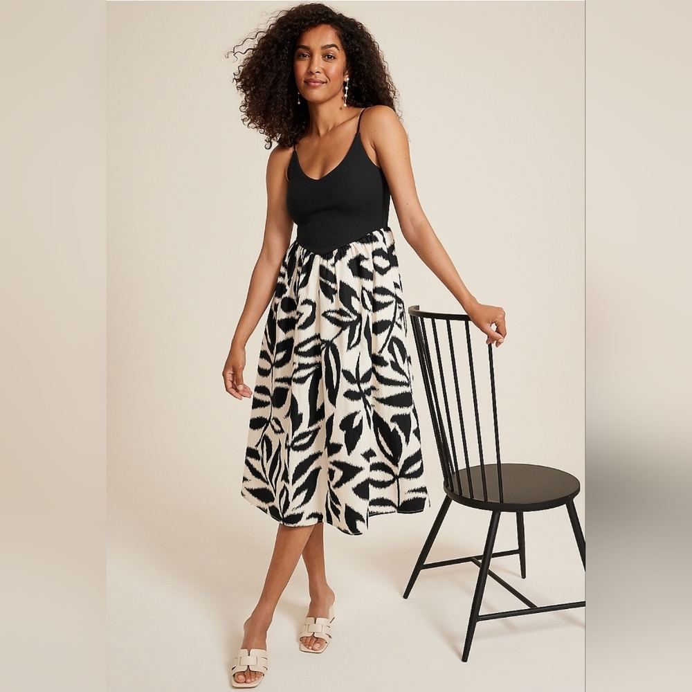 New Maurices Drop Waist Mix Media Midi Dress Solid Top Black White Printed Skirt